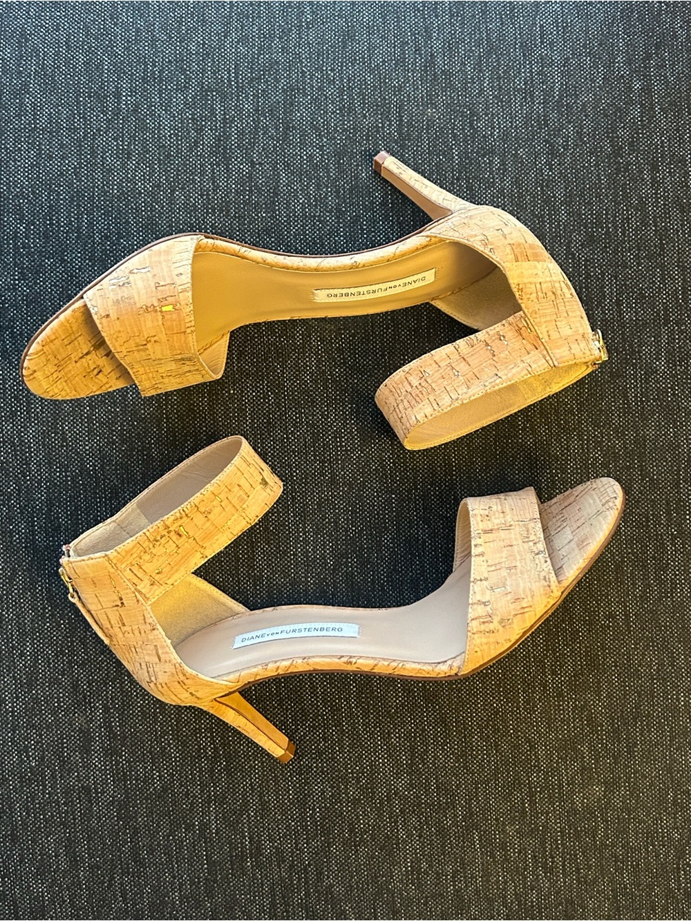 Diane Von Furstenberg Cork-Textured Tan Heeled Sandal pumps